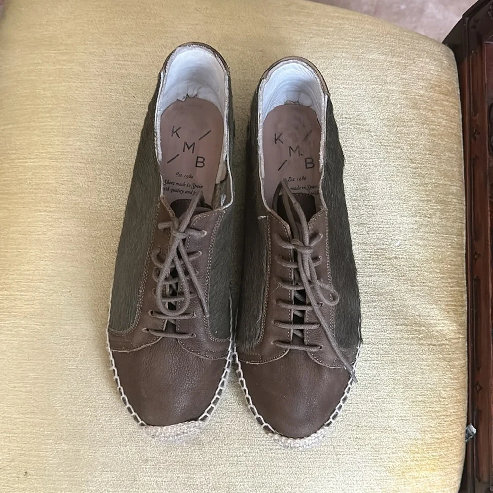 Anthropologie KMB Jorinda Espadrille Sneakers Leather Calf Hair Olive Brown Sz 9